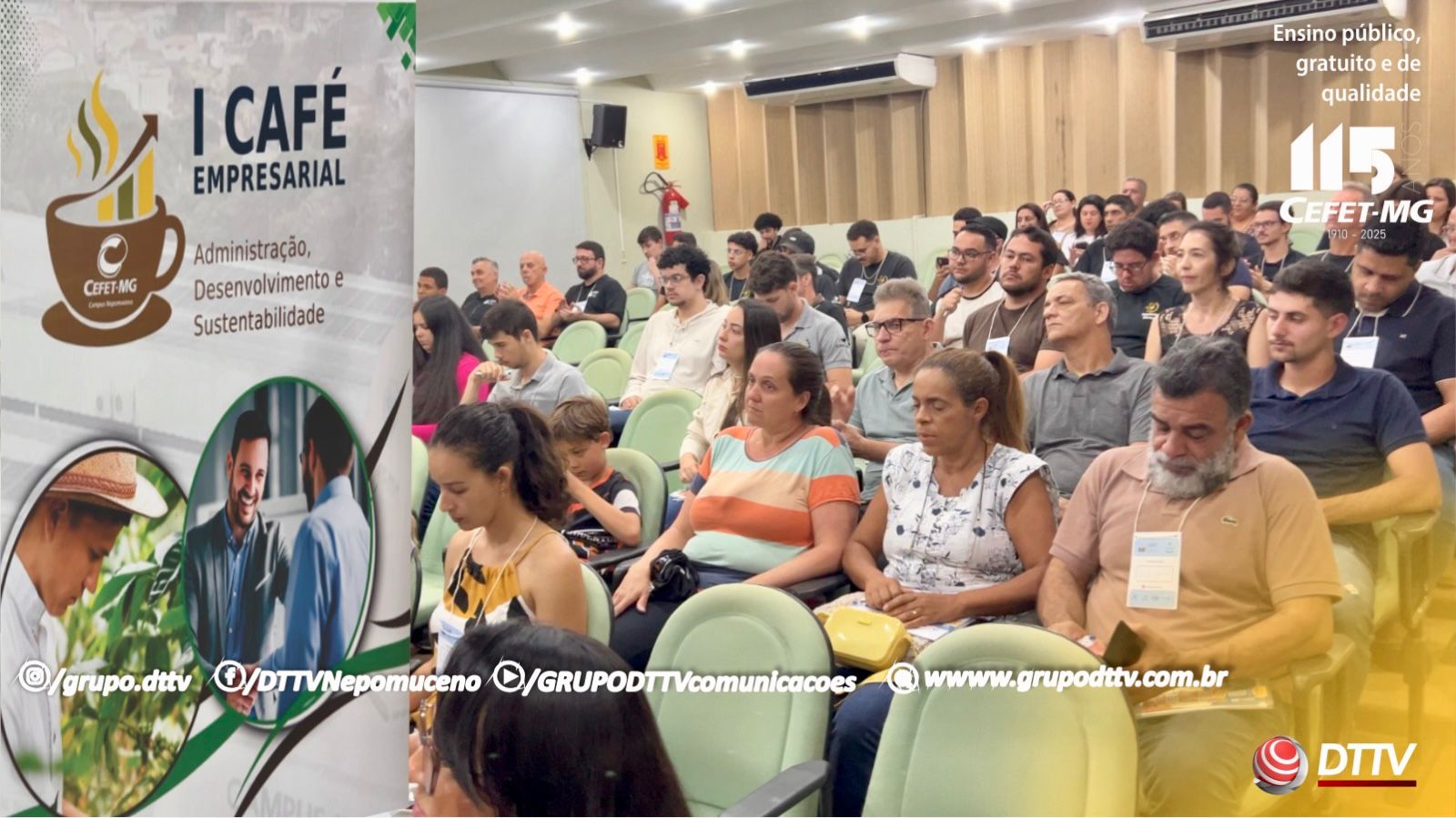 Auditório do CEFET-MG Nepomuceno lotado durante o 1º Café Empresarial, com estudantes, empresários e autoridades acompanhando as palestras.