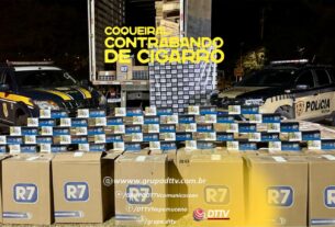 Caminhão com cigarros contrabandeados apreendido pela PRF e PM na BR-265, em Coqueiral, Sul de Minas.