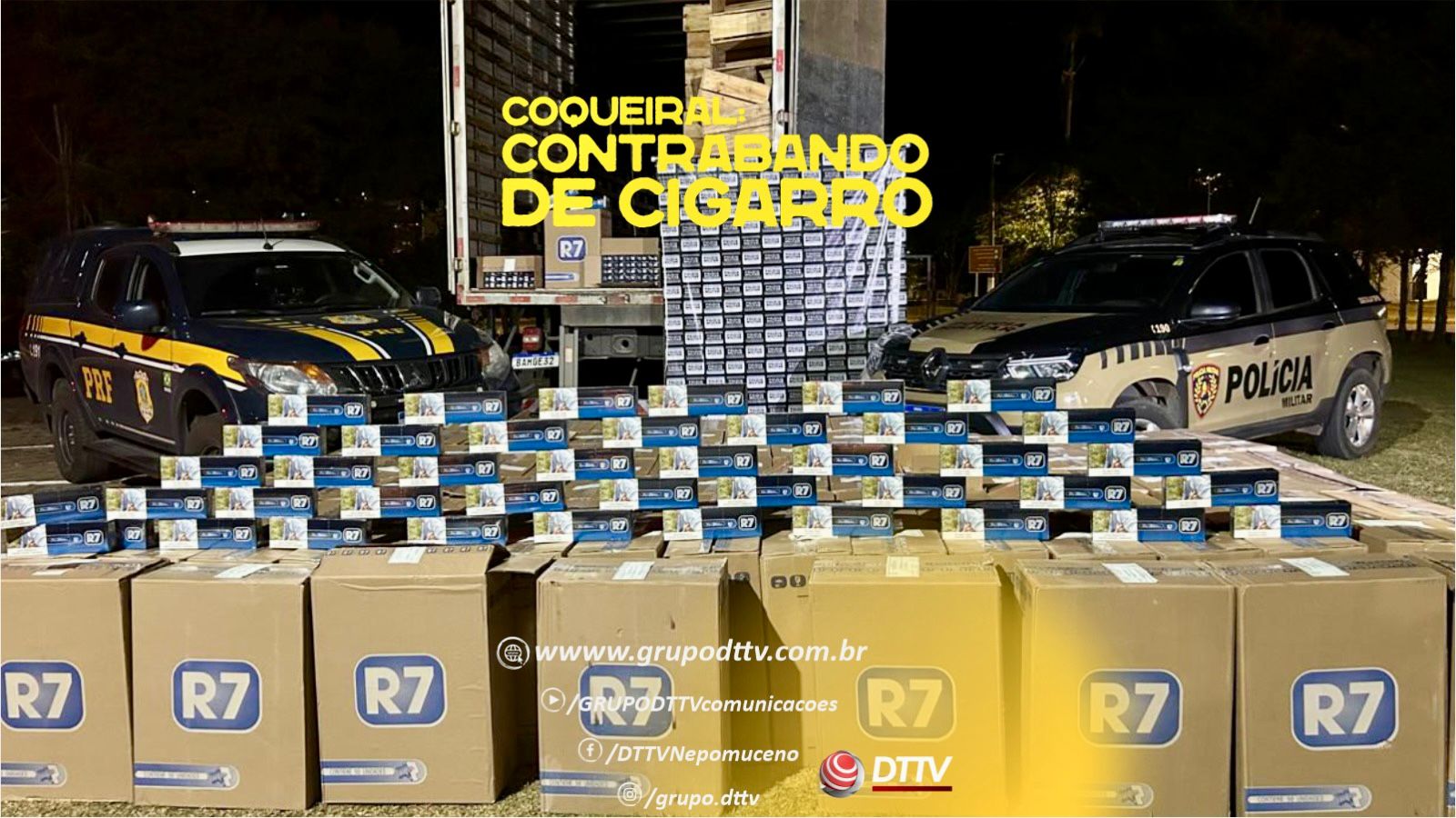 Caminhão com cigarros contrabandeados apreendido pela PRF e PM na BR-265, em Coqueiral, Sul de Minas.