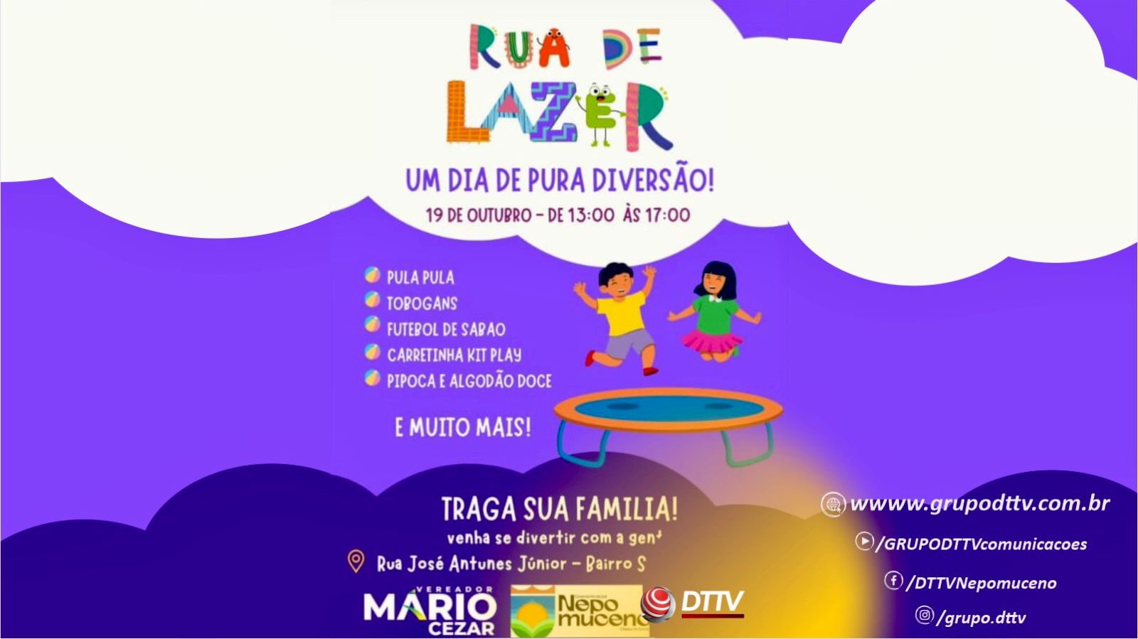 Crianças brincam e se divertem na Festa das Crianças em Nepomuceno, realizada na Rua José Antunes Júnior.